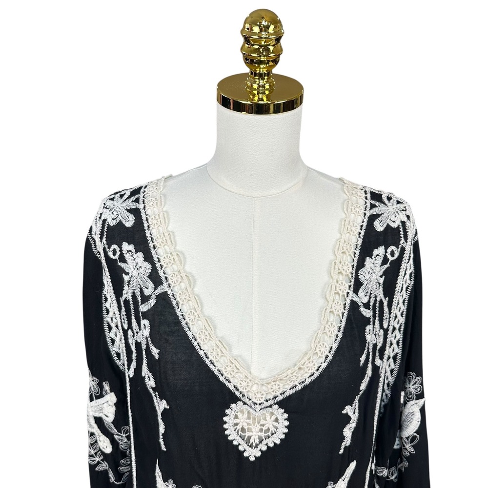 Boho Embroidered Bird Heart Lace Trim V-Neck Tunic Dress Black White 3/4 Sleeve - Picture 2 of 8